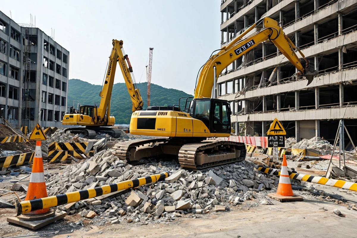 창원시 상가 건물 주변에서 안전 장비가 준비된 철거 현장. 건물 주변에 안전 울타리와 안전 표지판이 설치된 모습.
