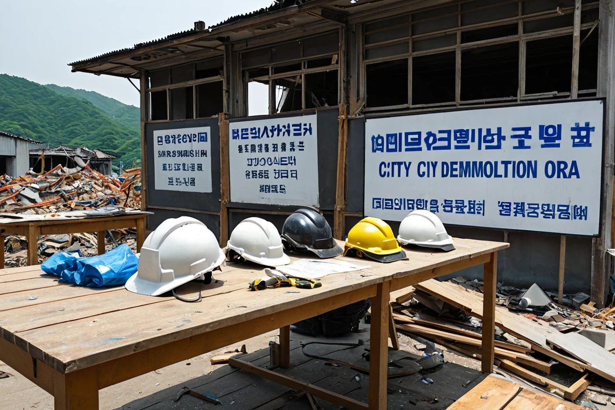 창원시 철거 현장에서 안전 장비가 철저히 준비된 작업장. 안전 헬멧과 방호복이 정리된 테이블과 함께, 철거 중인 건물의 안전 점검을 위한 안전 기준 표시판이 보이는 장면.